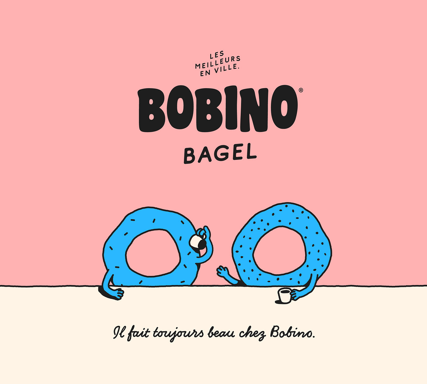 Cute Bagels drinking coffee in a bagel shop.
Fun and light logo design. 