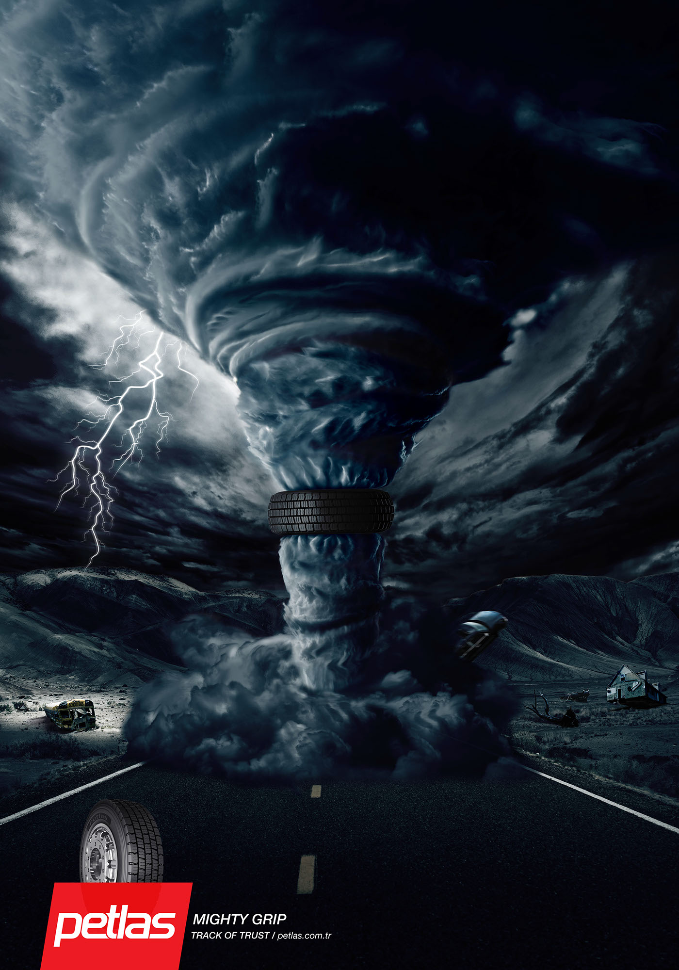 Photo Manipulation  manipulation creative ads photo ArtDirection advertesing printads petlas Tree  tornado storm Tire tyre clouds