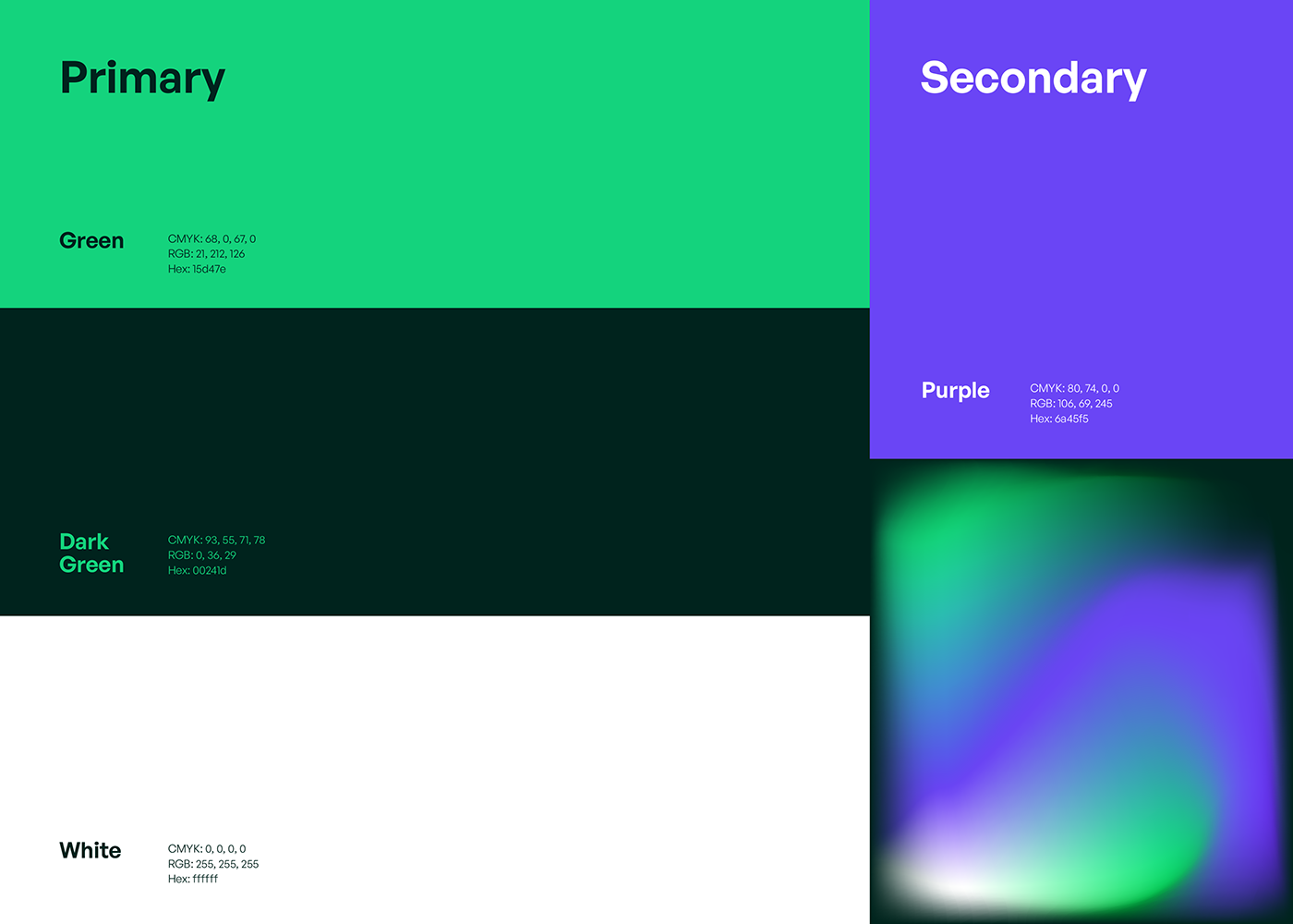 Brand color palette that includes green, purple, dark green, white, and a gradient
