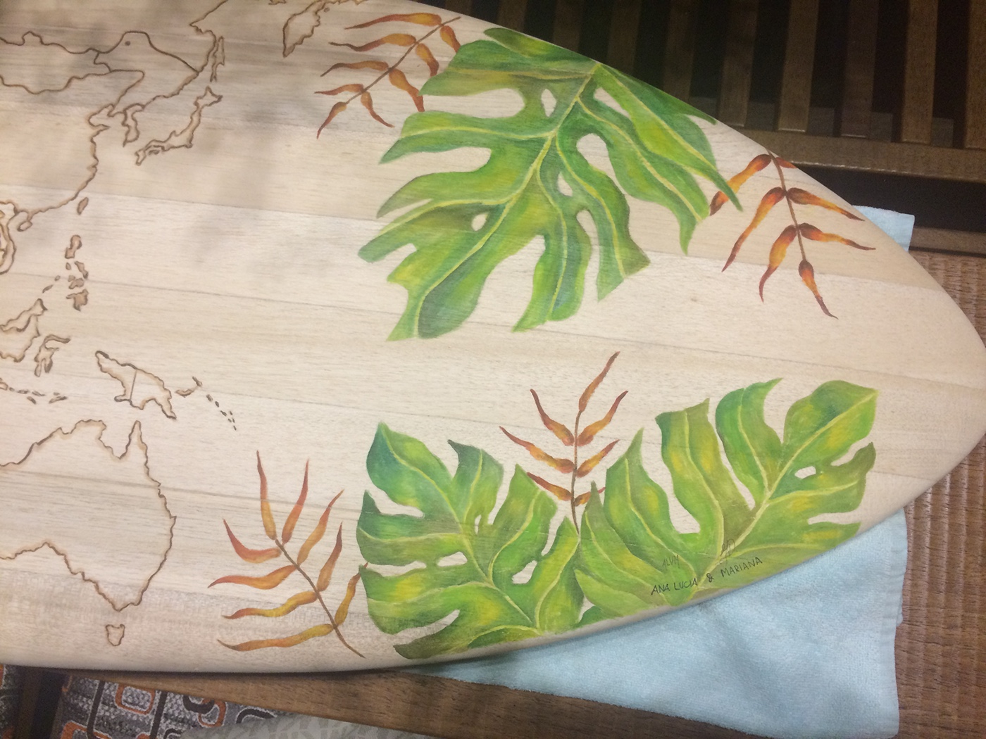 handmade acrylics wood Tropical vintage leaves map