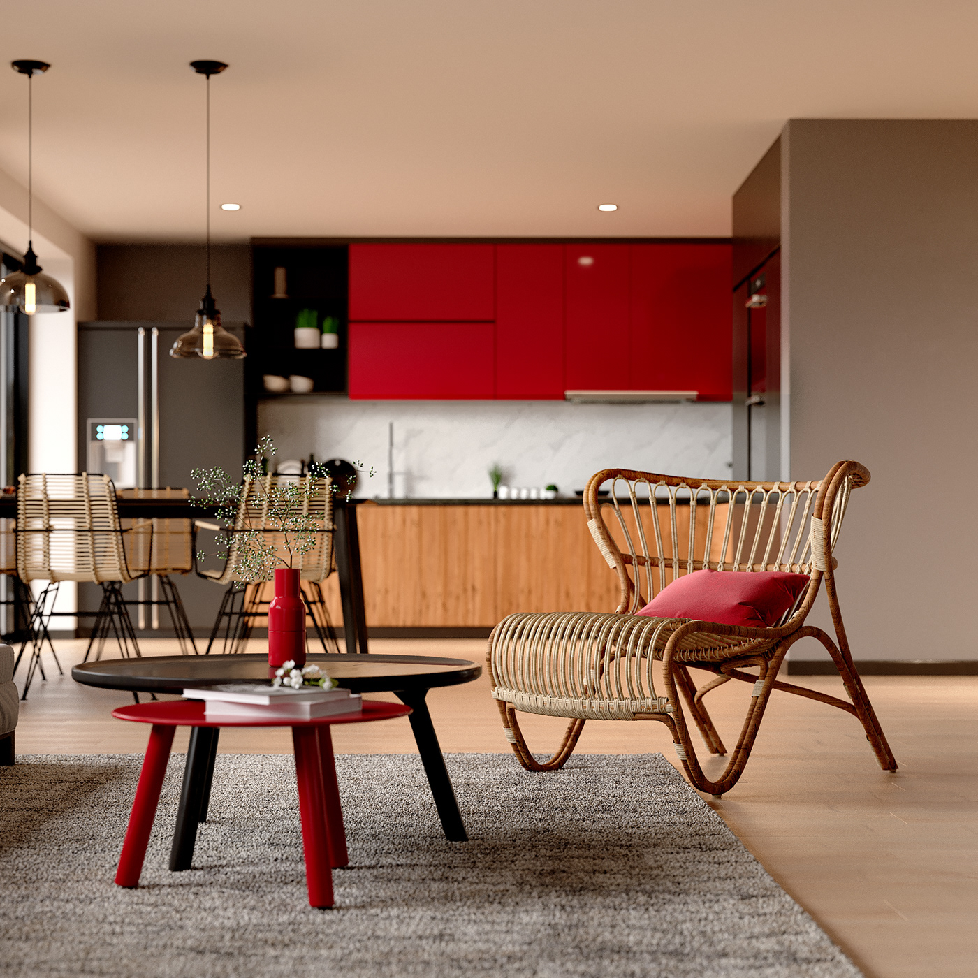 bedroom fireplace grey kitchen living room Minimalism modern red Scandinavian wood