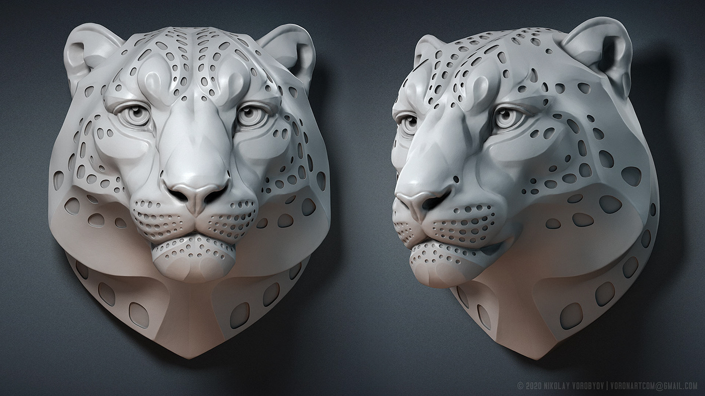 Spotted Snow Leopard head digital sculpture