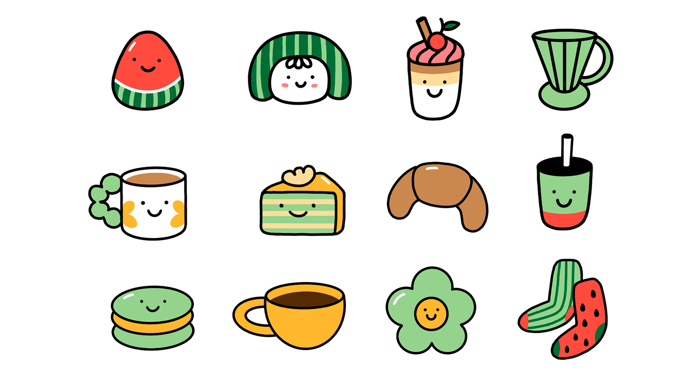 sticker Icon cute coffe shop watermelon kawaii vector adobe illustrator Character design  kawaii illustration