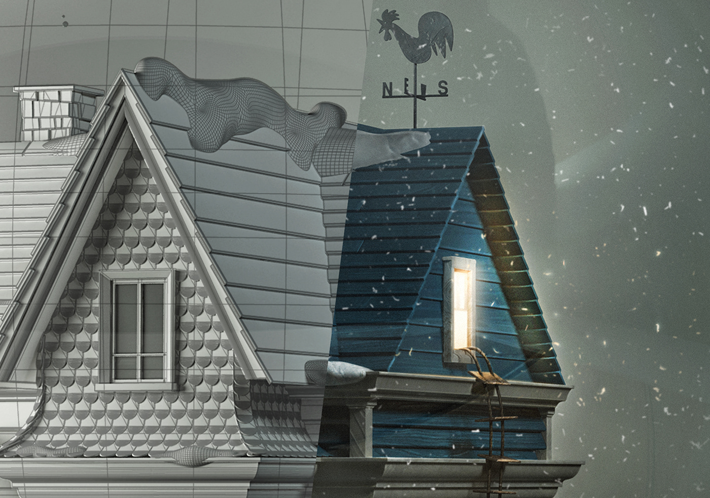 3D texturing rendering snow snowglobes metafora story colonial house tale Inspiration Is