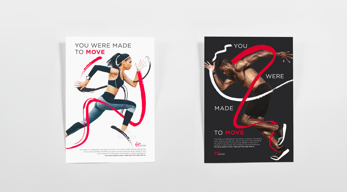 Identity Design campaign virgin active branding  graphic design  Creative Direction  brushwork movement gym markmaking