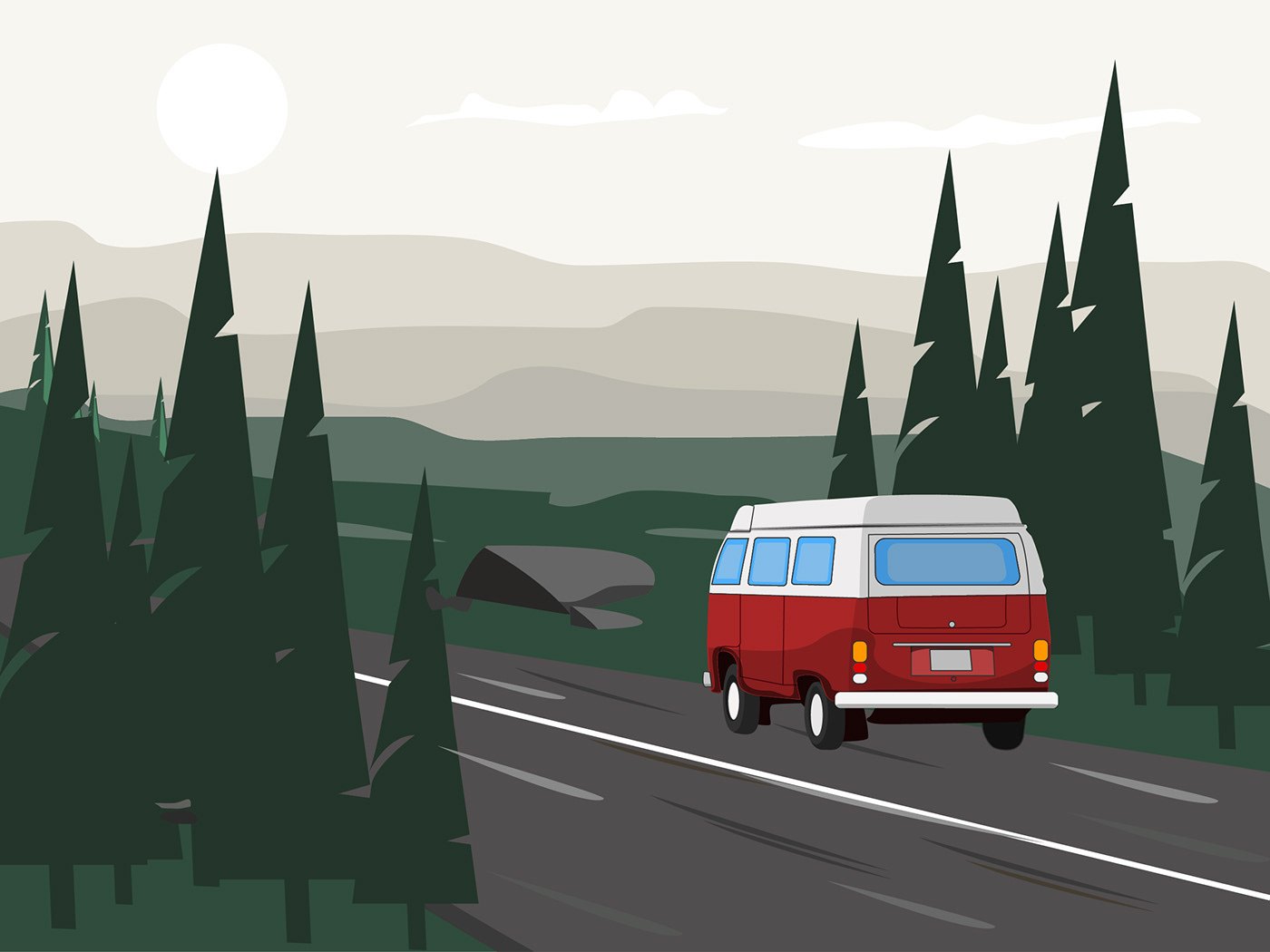 car flat illustration Landscape mountains road trip Travel Van vector Vehicle VW