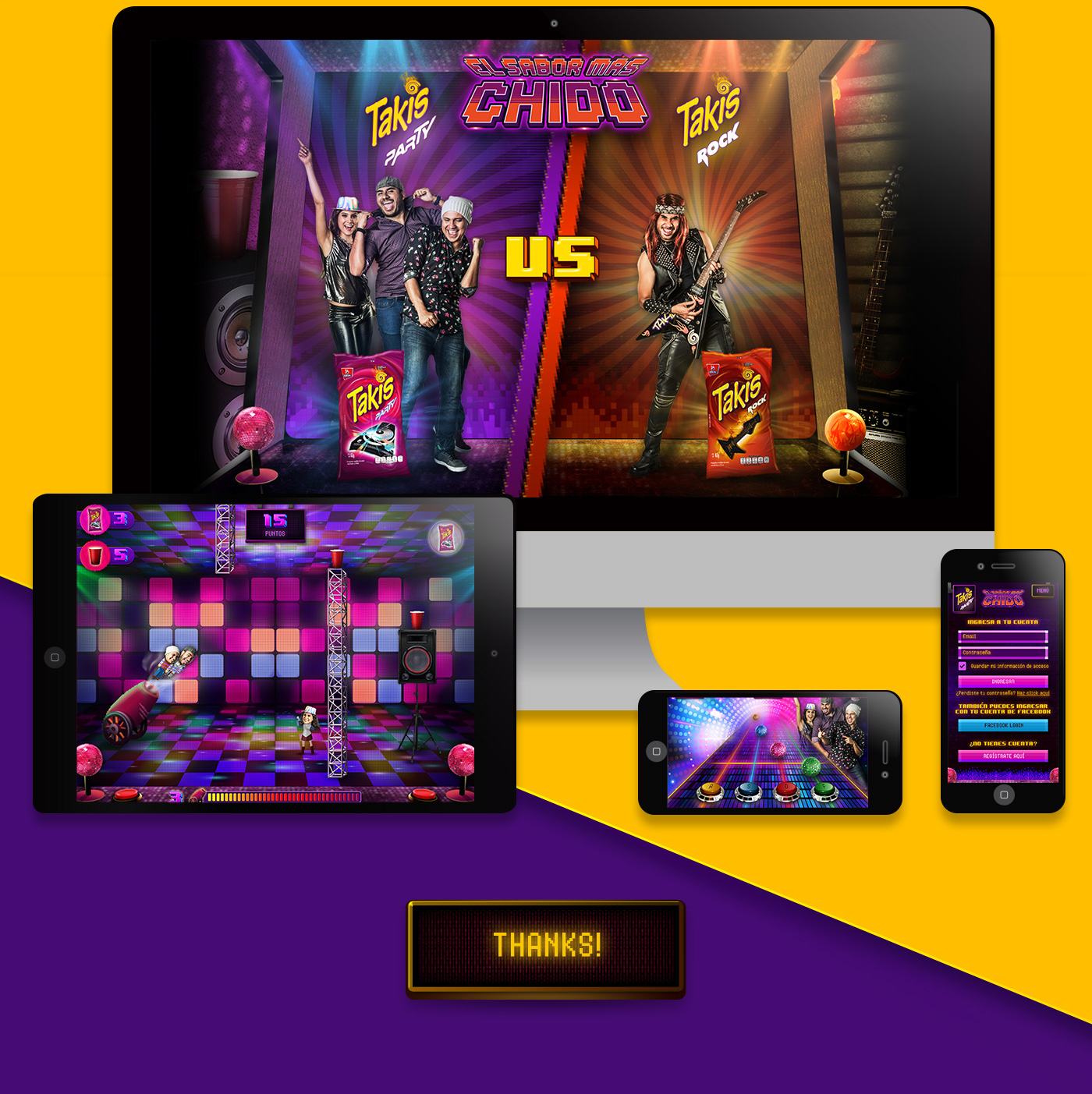 Takis rock party barcel YouTubers desktop mobile game 8bits Responsive arcade disco guitar video itzavu