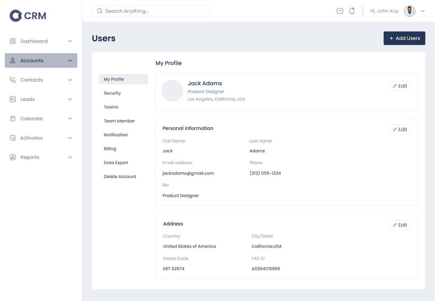 CRM account settings Profile Settings user settings dashboard UI/UX Web Design  SAAS user page