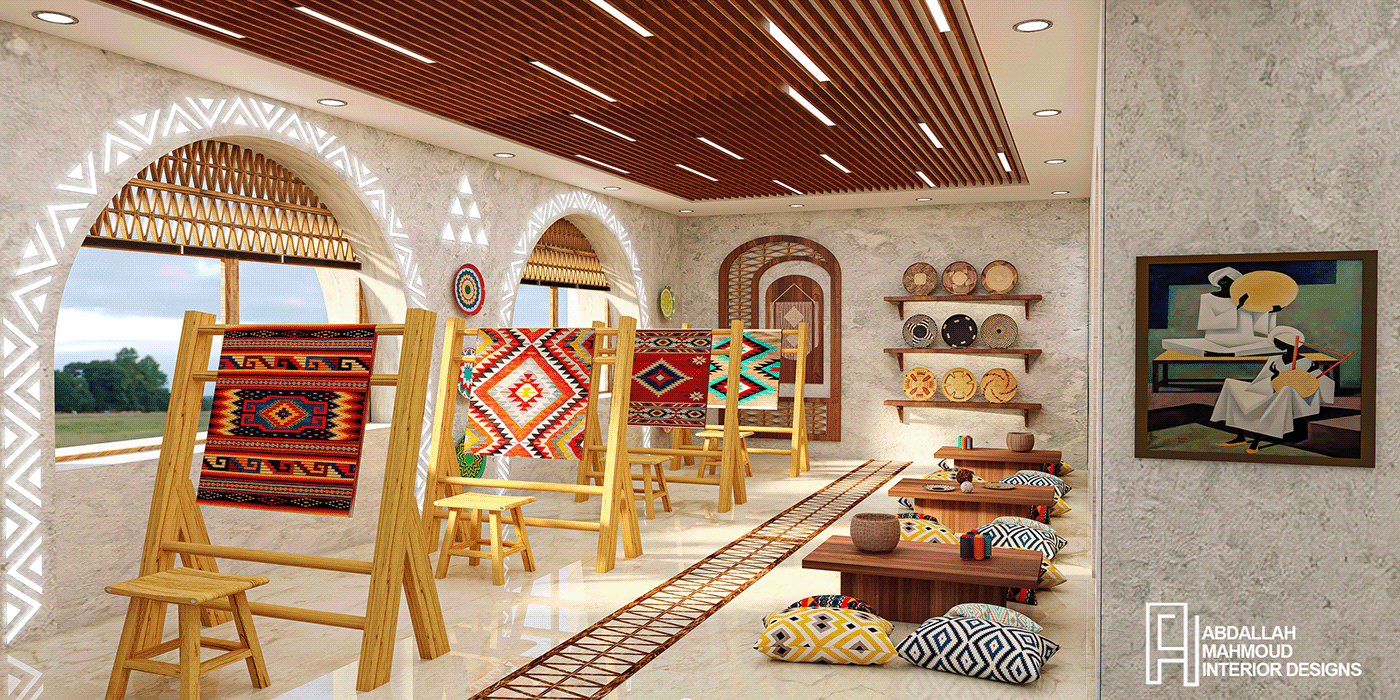 interior design  vray Nubian النوبة nubian style graduation project center handicraft Workshop crafts  