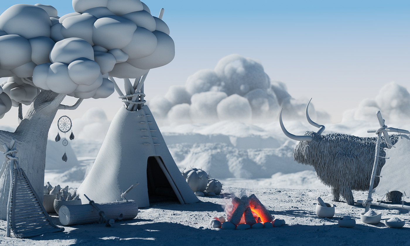 3D Digital Art  art direction  mesa clouds environment fire Tree  cow CGI
