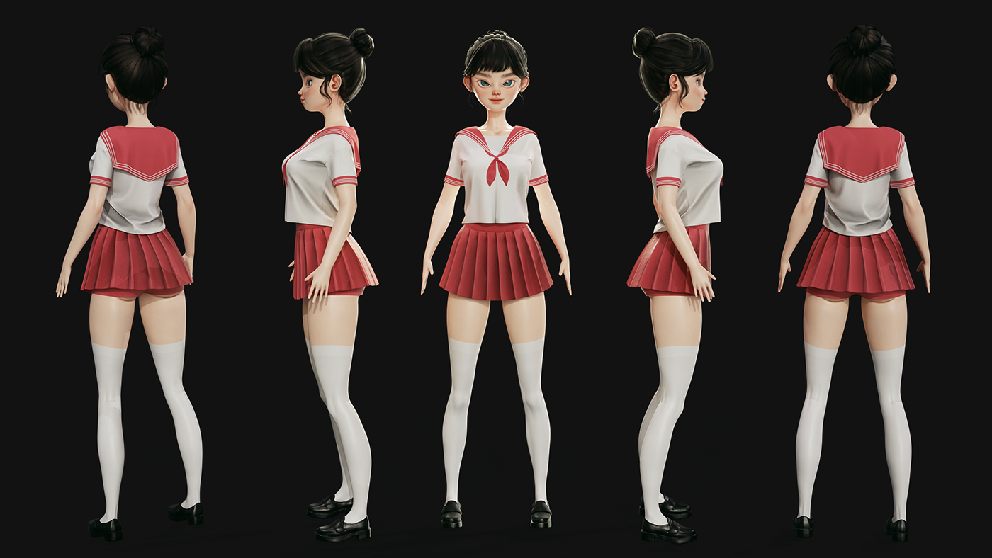 japanese Character design  woman stylized Low Poly modular human face gerl Japanese school PBR