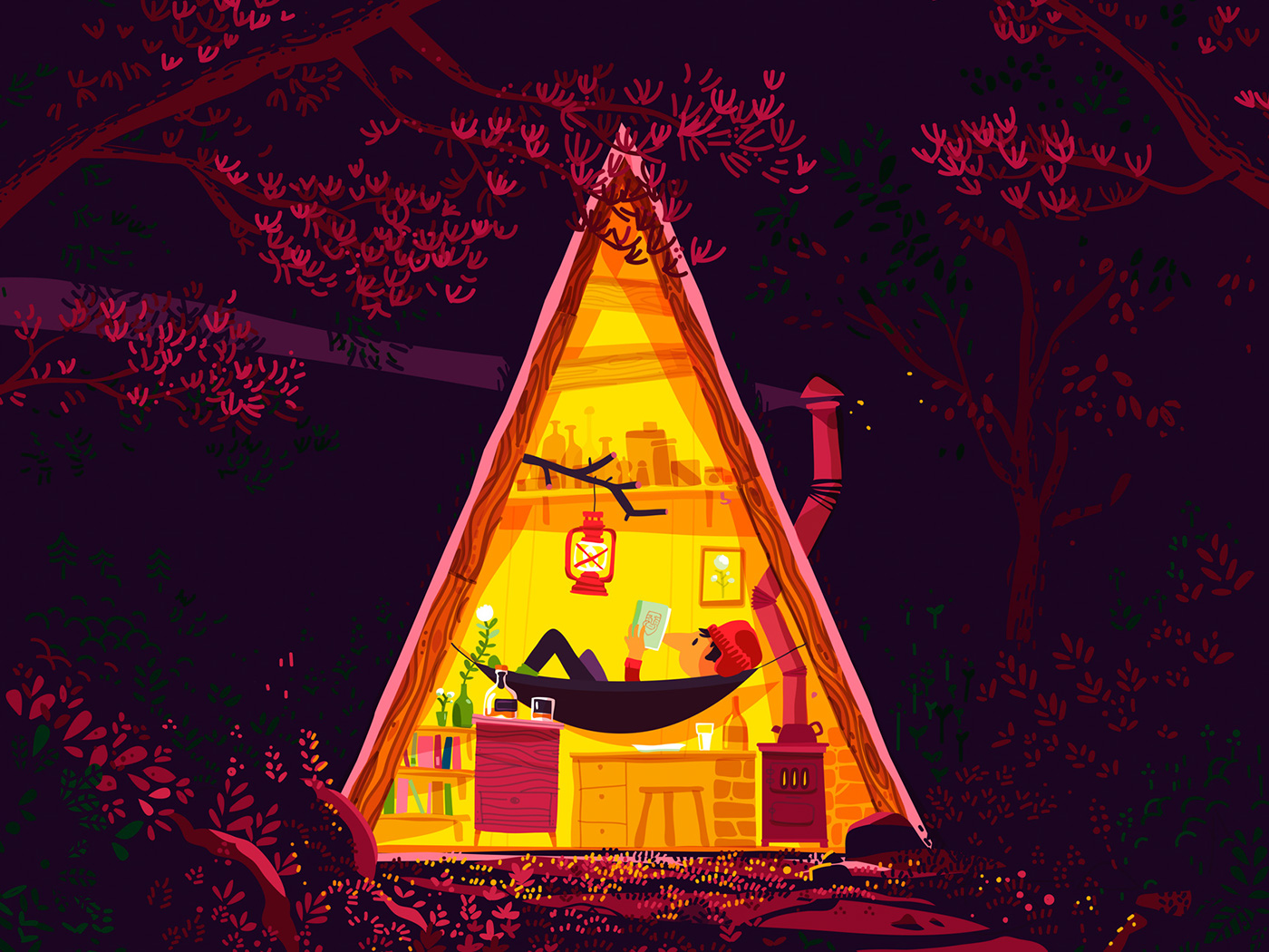 woods green hut purple yellow outdoors A-Frame camping explorer adventure light