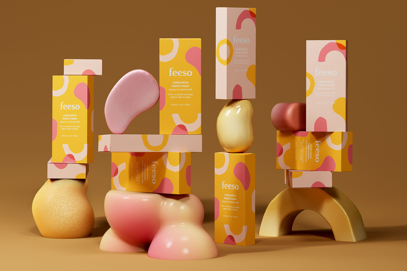 3d Visualisation 3D Visualization date of birth design feeso hand cream mimimal Packaging pink yellow