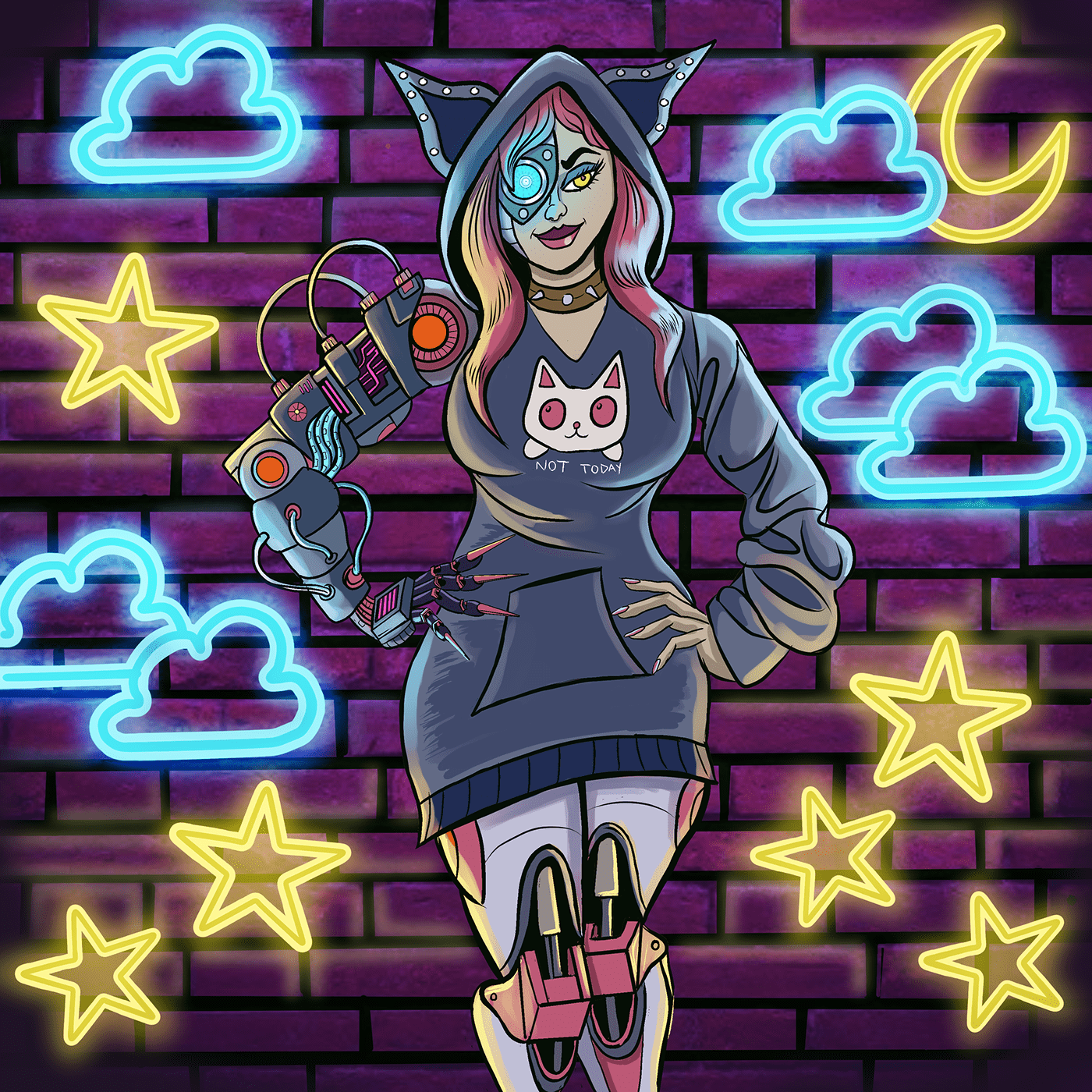 catgirl Cybernetics Cyberpunk Cyborg goth Goth Girl neon lights