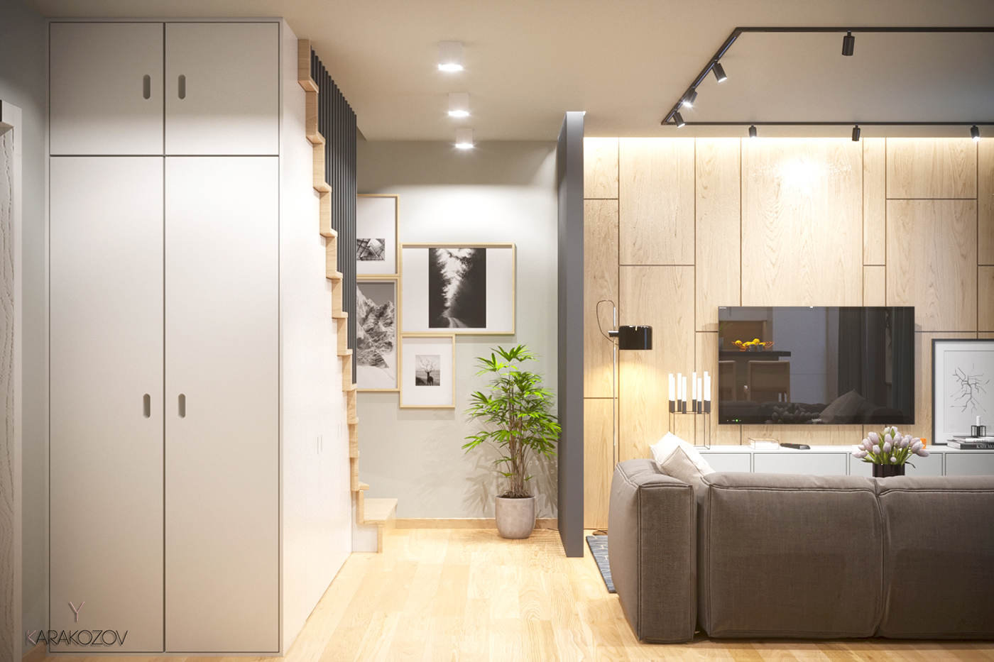 apartment Livig Room duplex kiev ukraine kitchen stair wood modern design