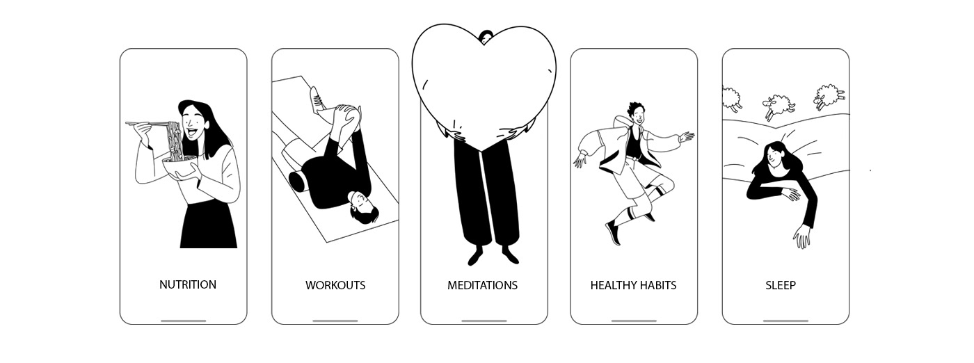 Character design  digital illustration ILLUSTRATION  line art Meditation App Wellness app design minimalistic nutrition sport