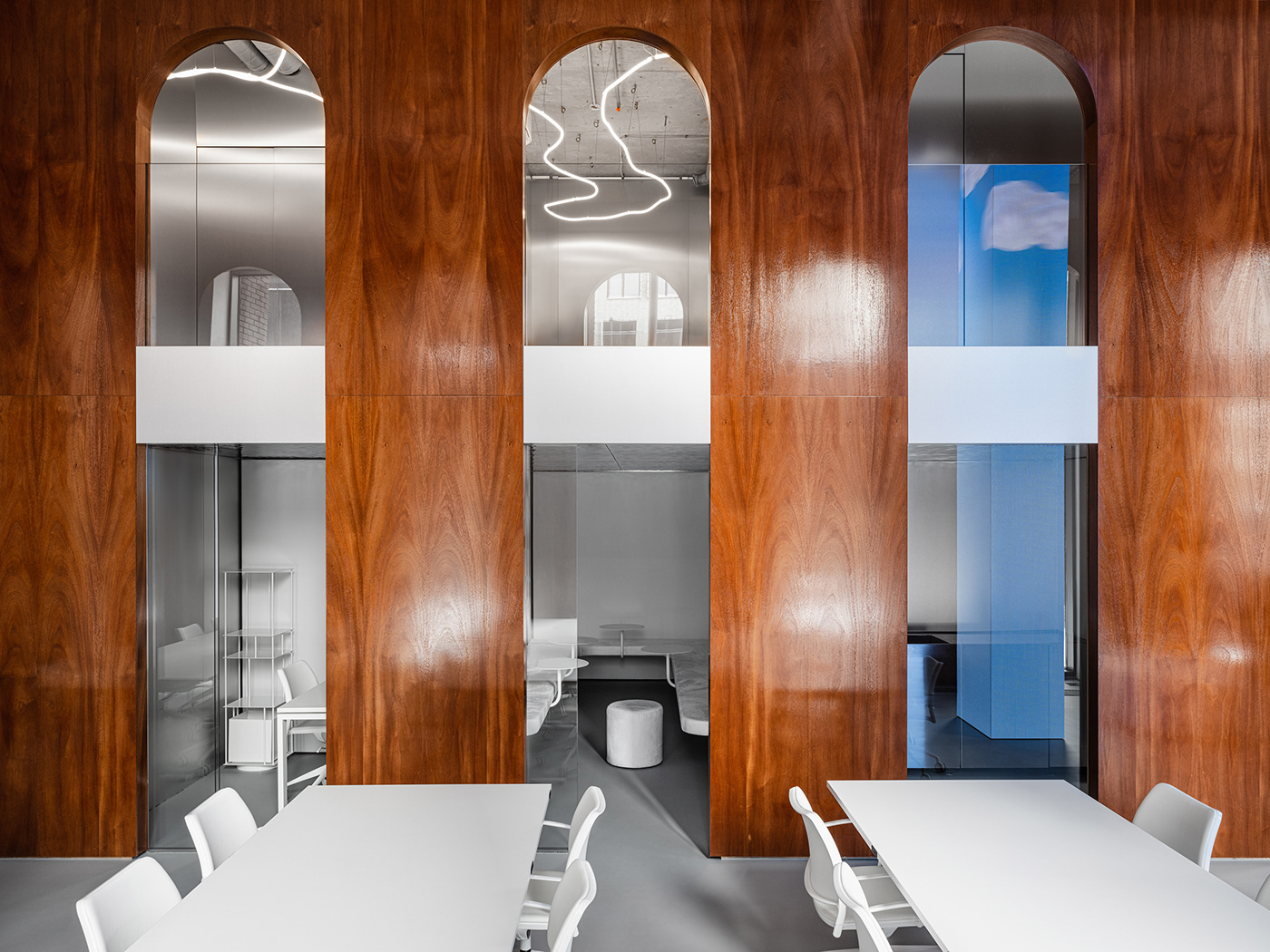 interior design  architecture concrete Office clouds blue wood modern led SKY