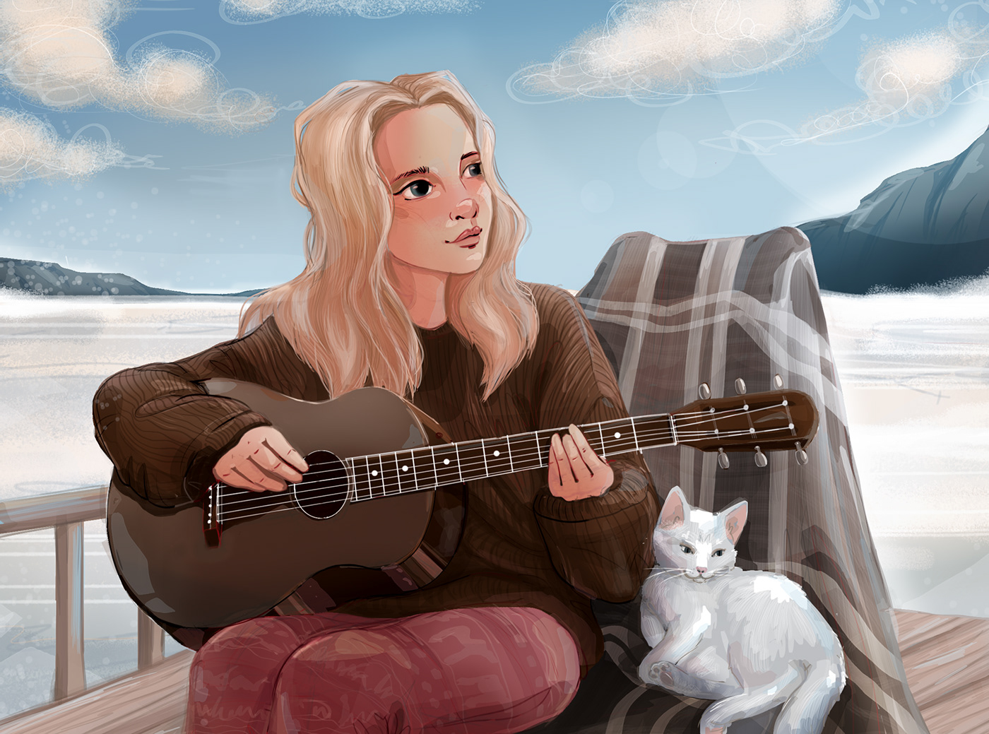 winter snow cold cats Drawing  artwork girls woman guitar ILLUSTRATION 