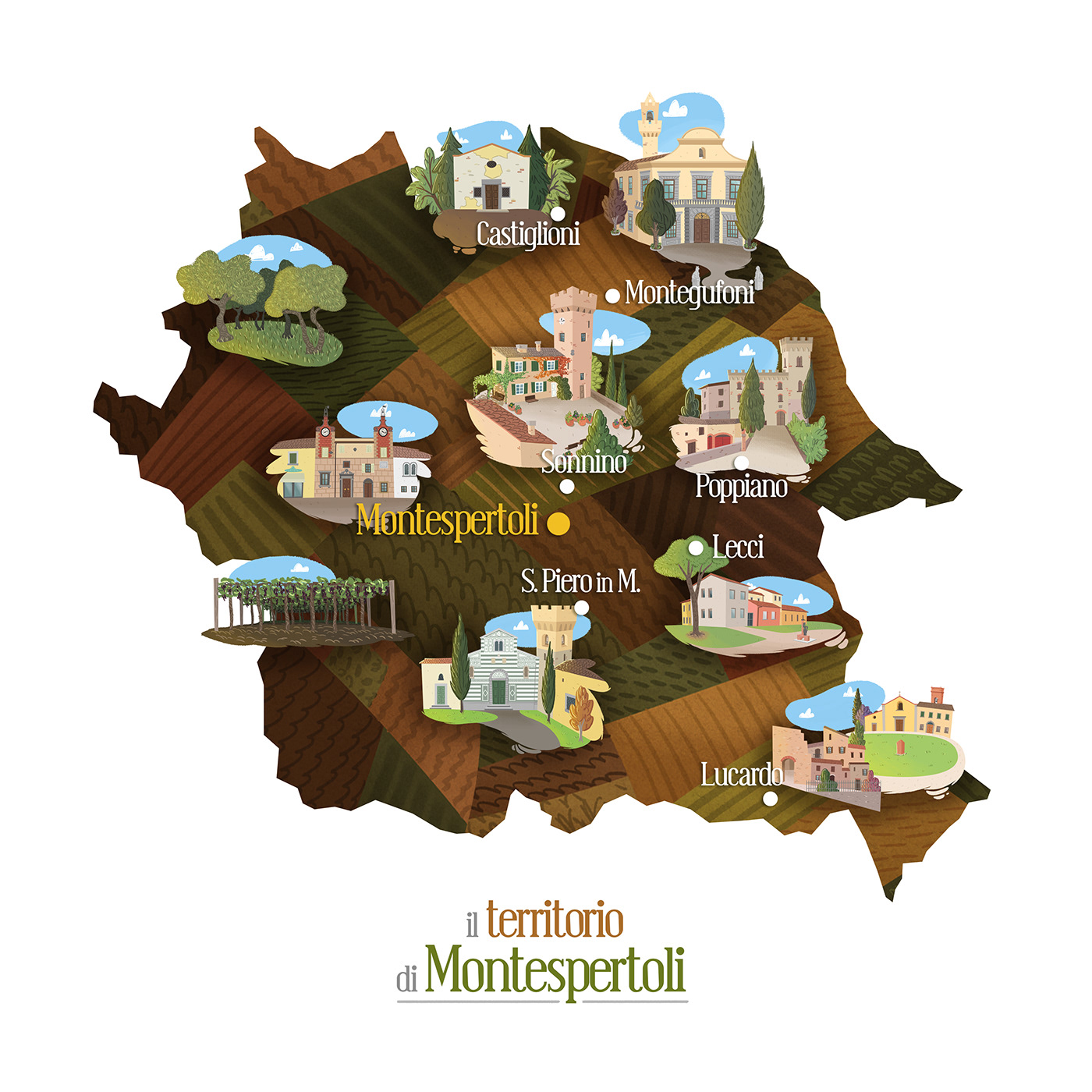 infographic map Castle country church Tuscany fields tourism history Italy inspiration