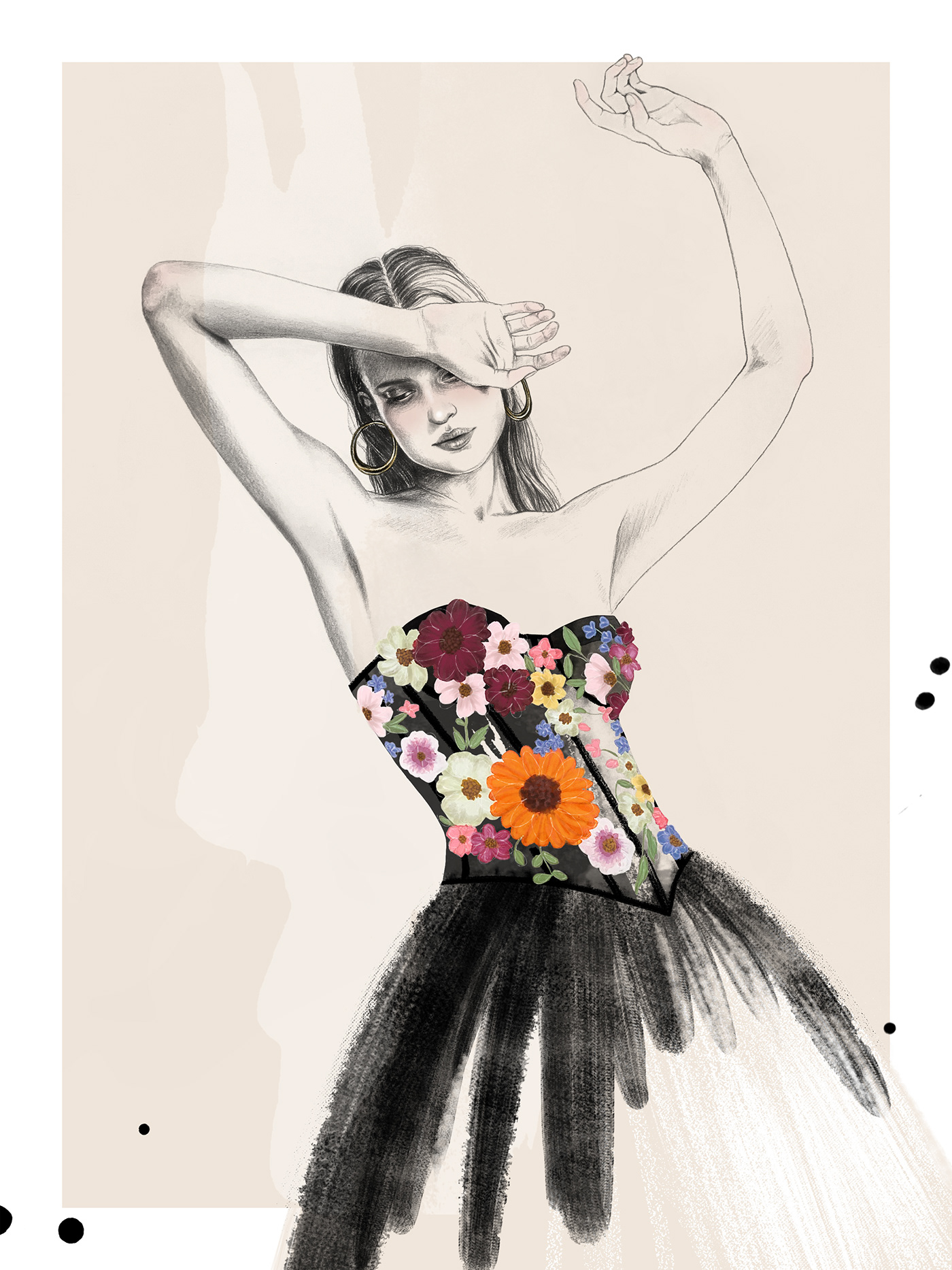 Fashion  fashion illustration Flowers gown ILLUSTRATION  mixed media pencil portrait