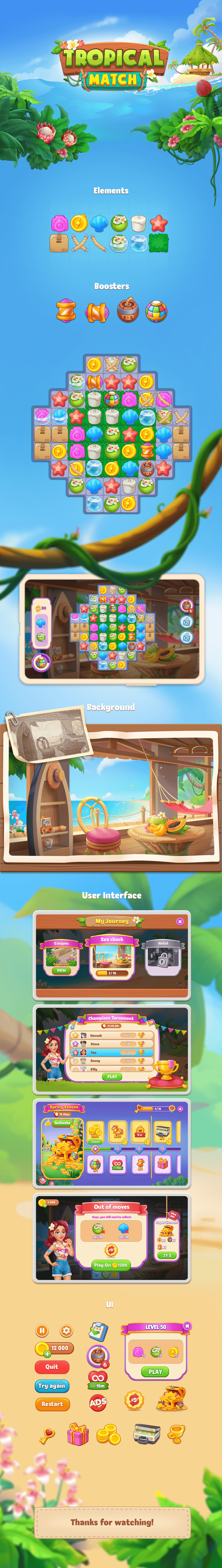Merge match 3 Game Art Mobile app UI/UX game ui Tropical casual icon set puzzle
