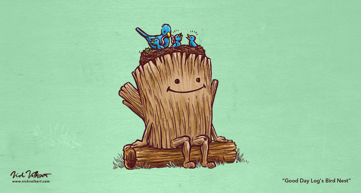 A little log has a next of birds resting on his head.