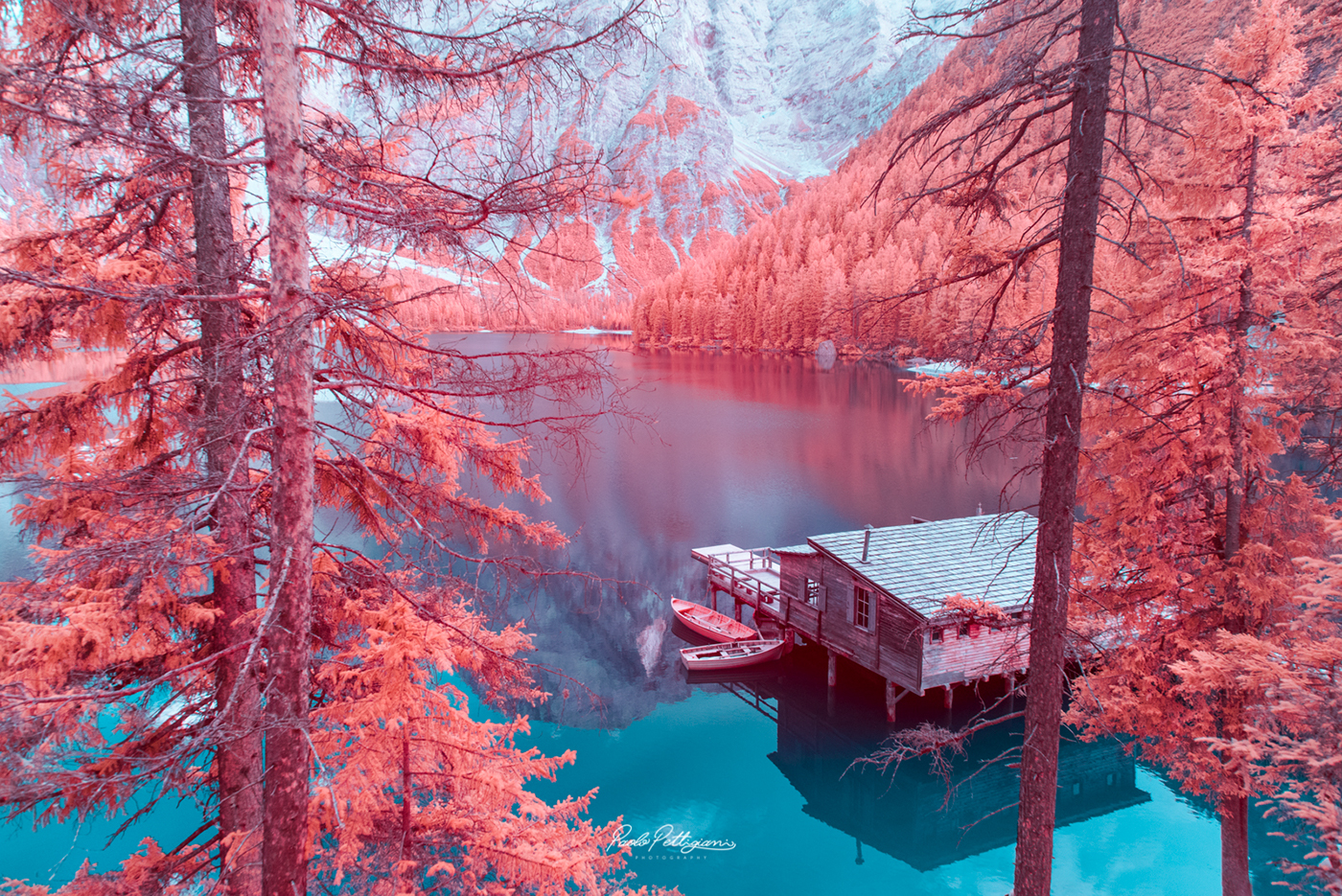 infrared Aerochrome Lago di Braies Landscape Nature red blue surreal