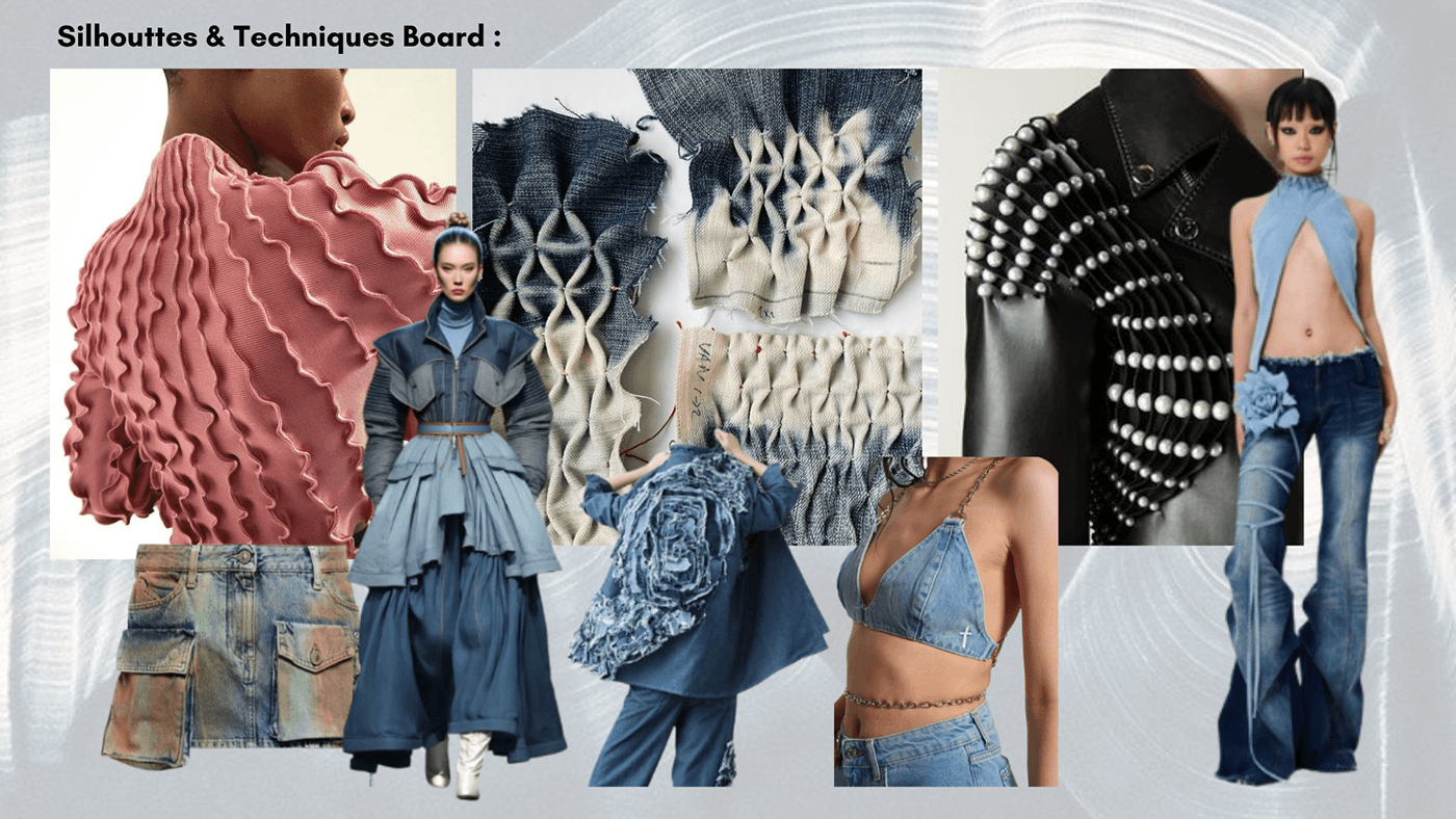ILLUSTRATION  hand illustration Fashion  genz TRENDING Shells waves denimwear panels design trend study