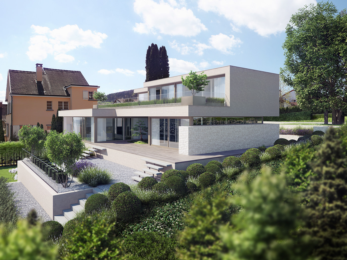 3D CGI Render vray 3ds light living room Residence Private lush modern