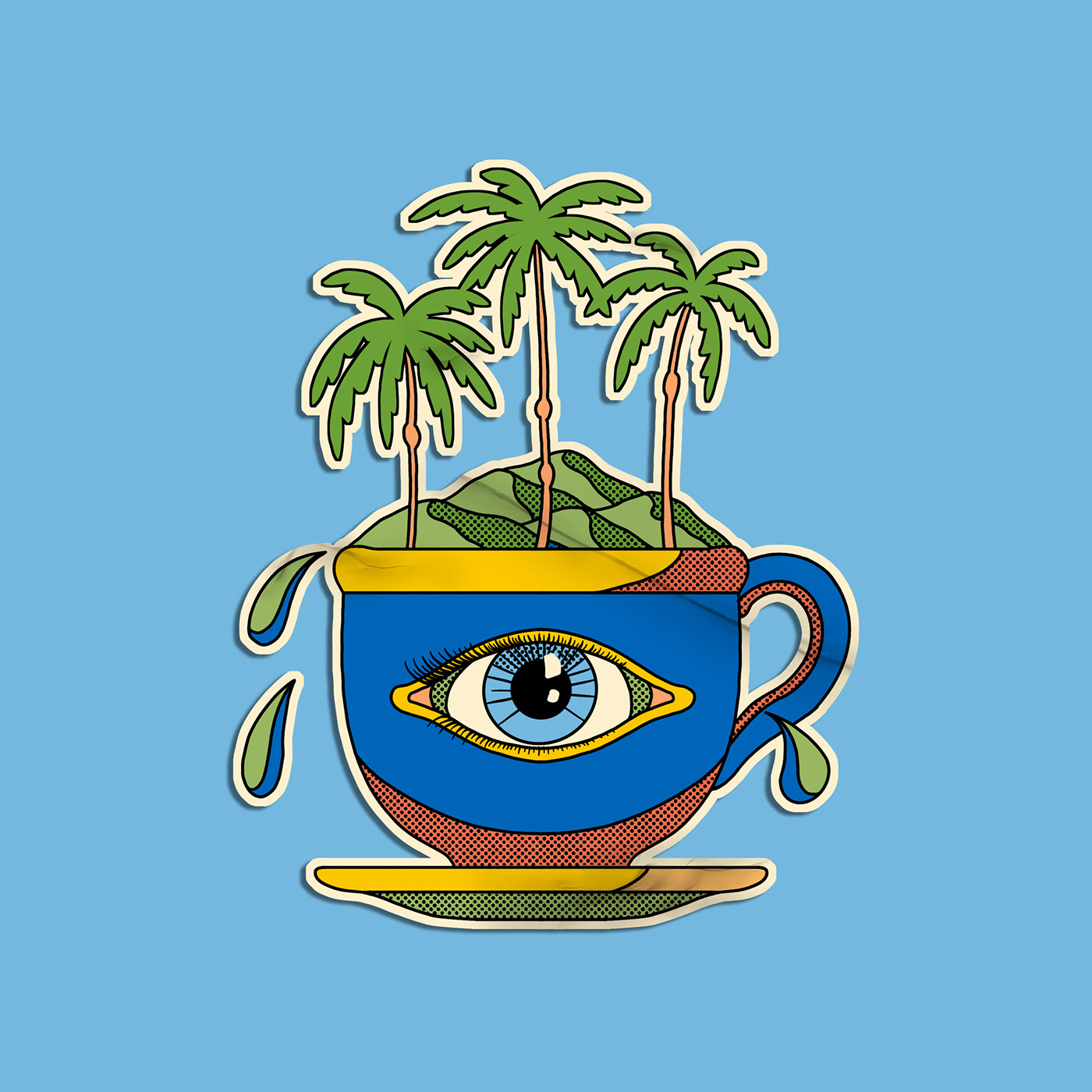 A cup with an eye, mountains and palm trees depicting the region of Salento, Colombia in the form of