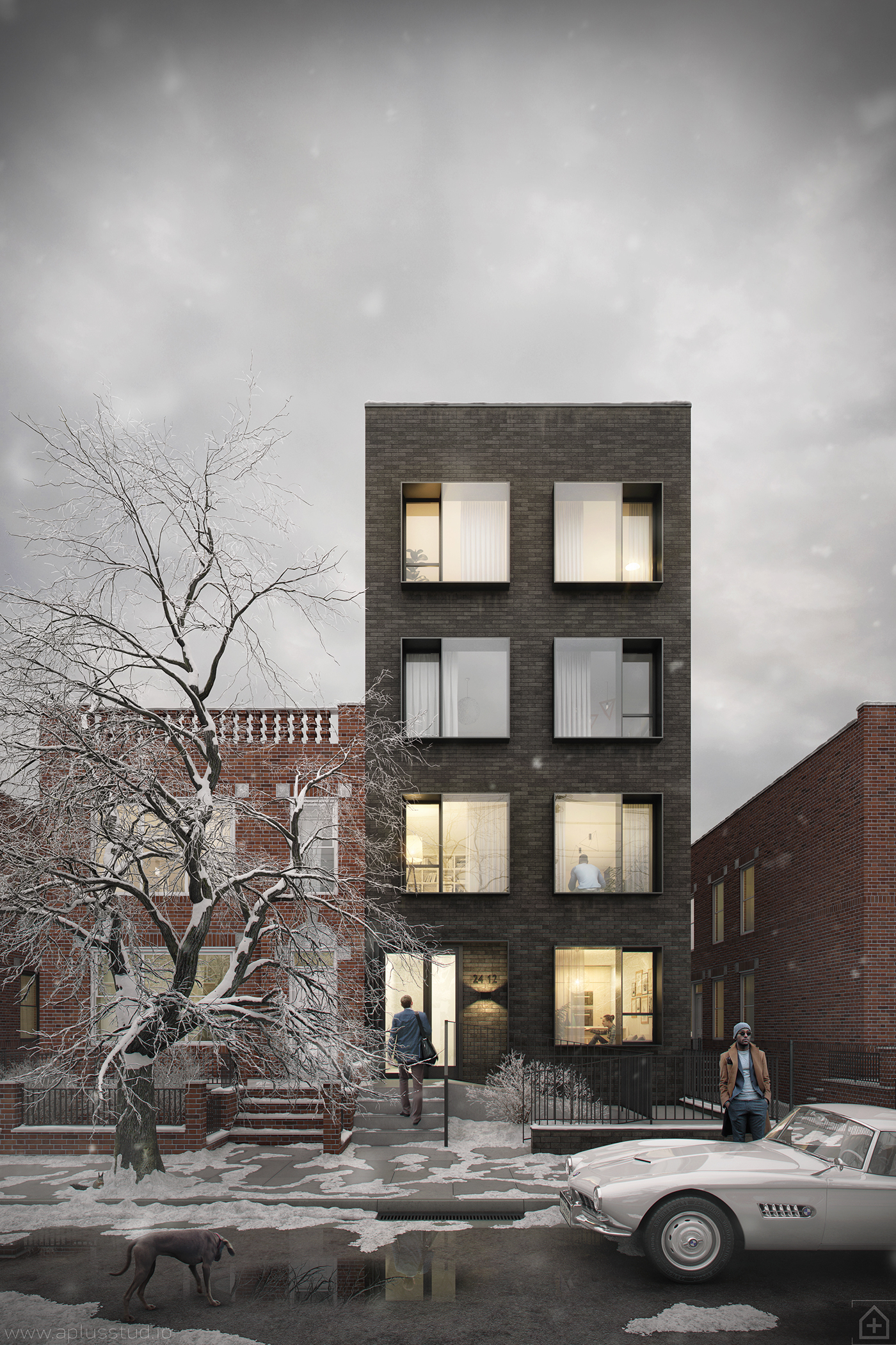 exterior Render archviz winter snow overcast SKY Street facade