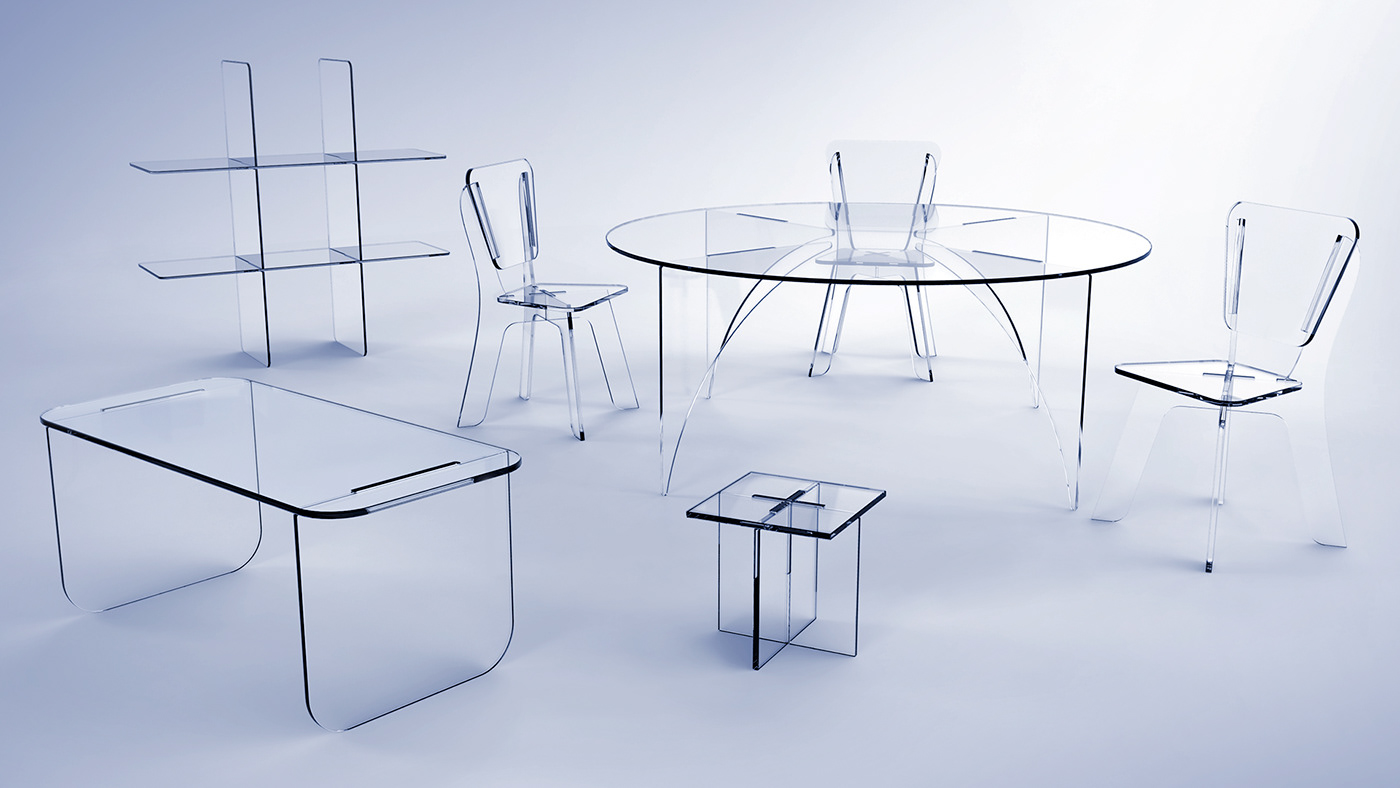 oxi-gen transparent furniture acrylic flat package simple darko nikolic assembly pmma corian plastic chair stool table Shelf