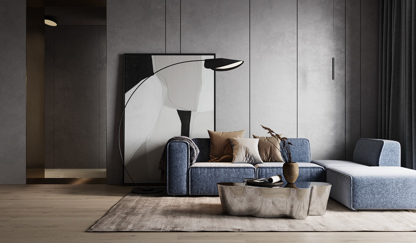 concrete darkinterior Interior kitchen livingroom metal moderndesign pillows softlight textures