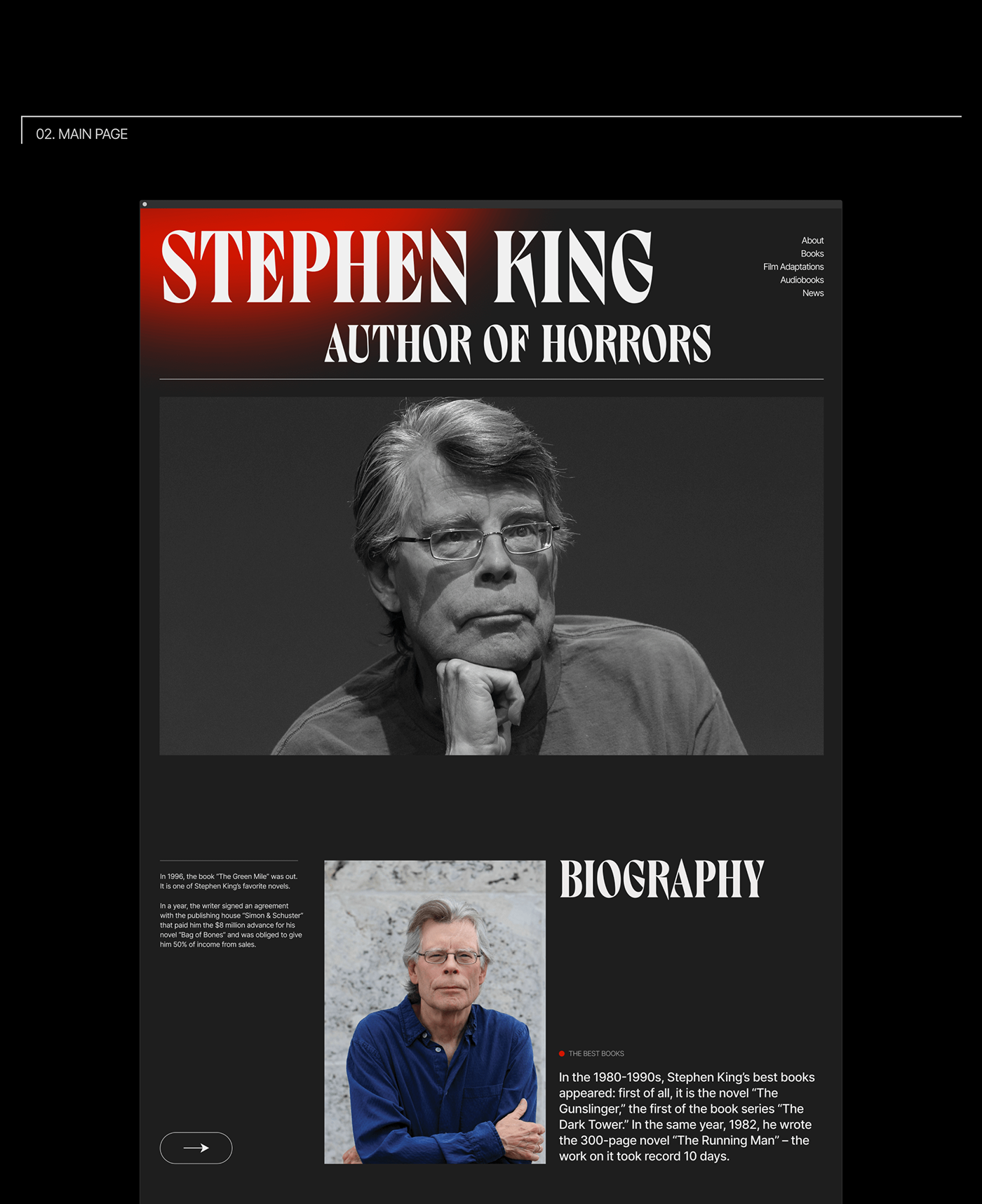 Author book horror popular promo Stephen King typography   UI ux Website
