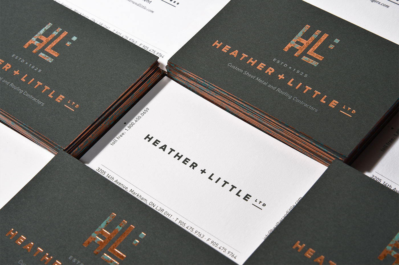Heather&Little H&L identity Stationery letterpress foil print elegant traditional modern metal copper Custom Craftmanship architectural