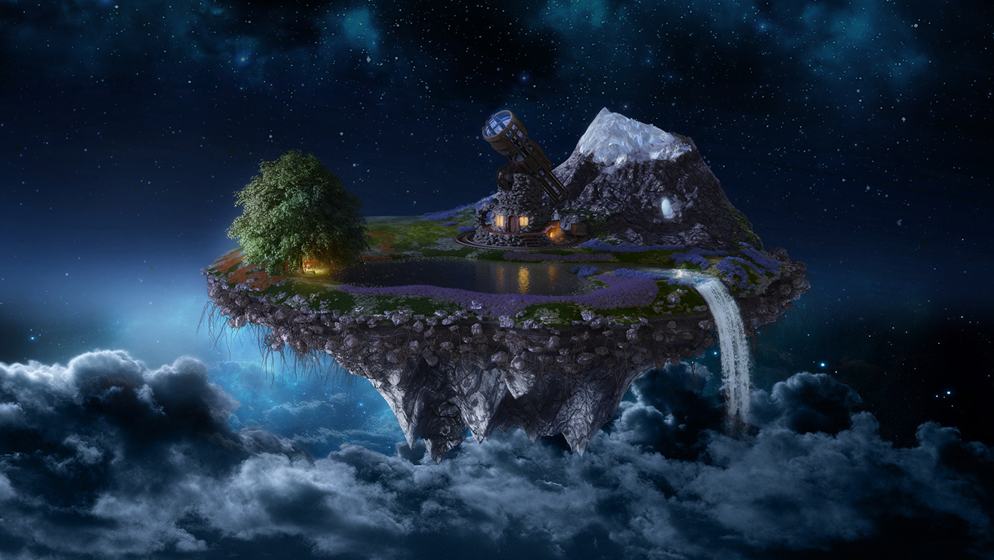 fantasy Telescope Space  lake Island mountain wizard waterfall