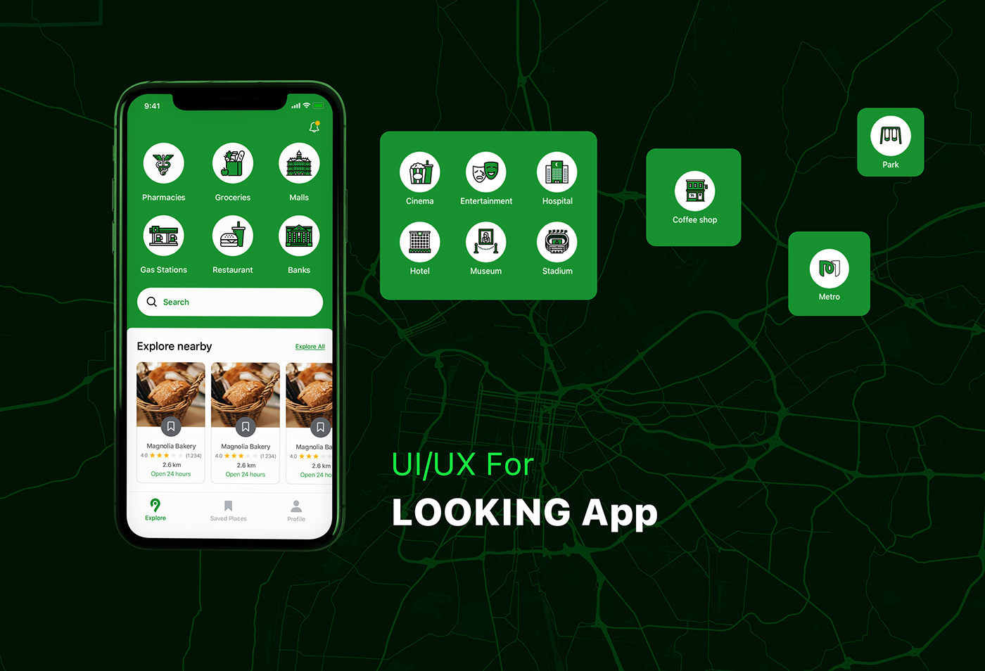 app design green interactive map navegation UI ux wireframe xD