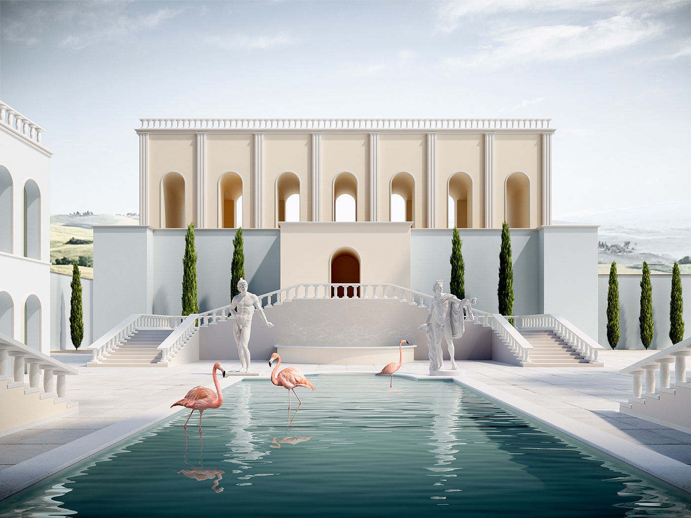 the cool hunter Villa 3D Render italian Pool luxury statue Massimo Colonna ILLUSTRATION 