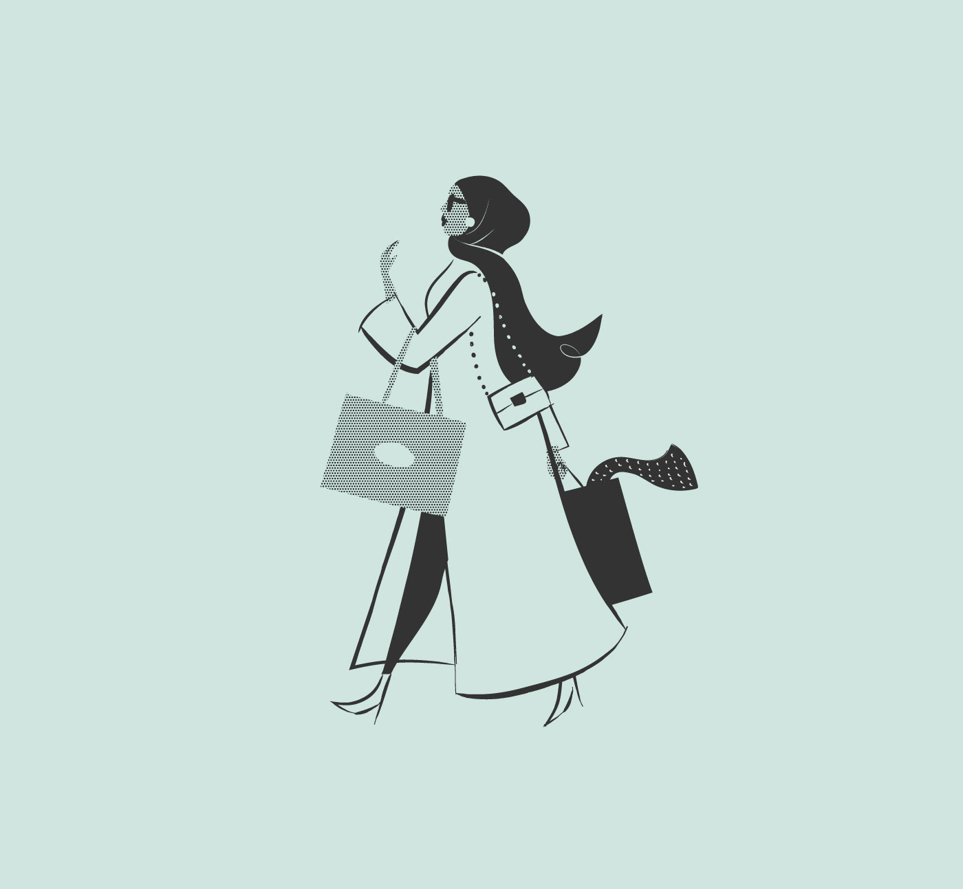 Classy black and white illustration of arabic woman doing shopping
