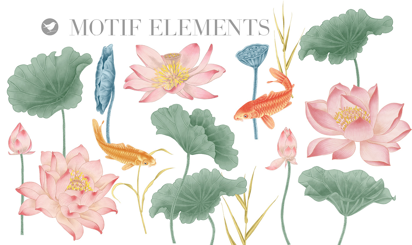 Motifs and elements of the pattern. Lotuses and koi carp