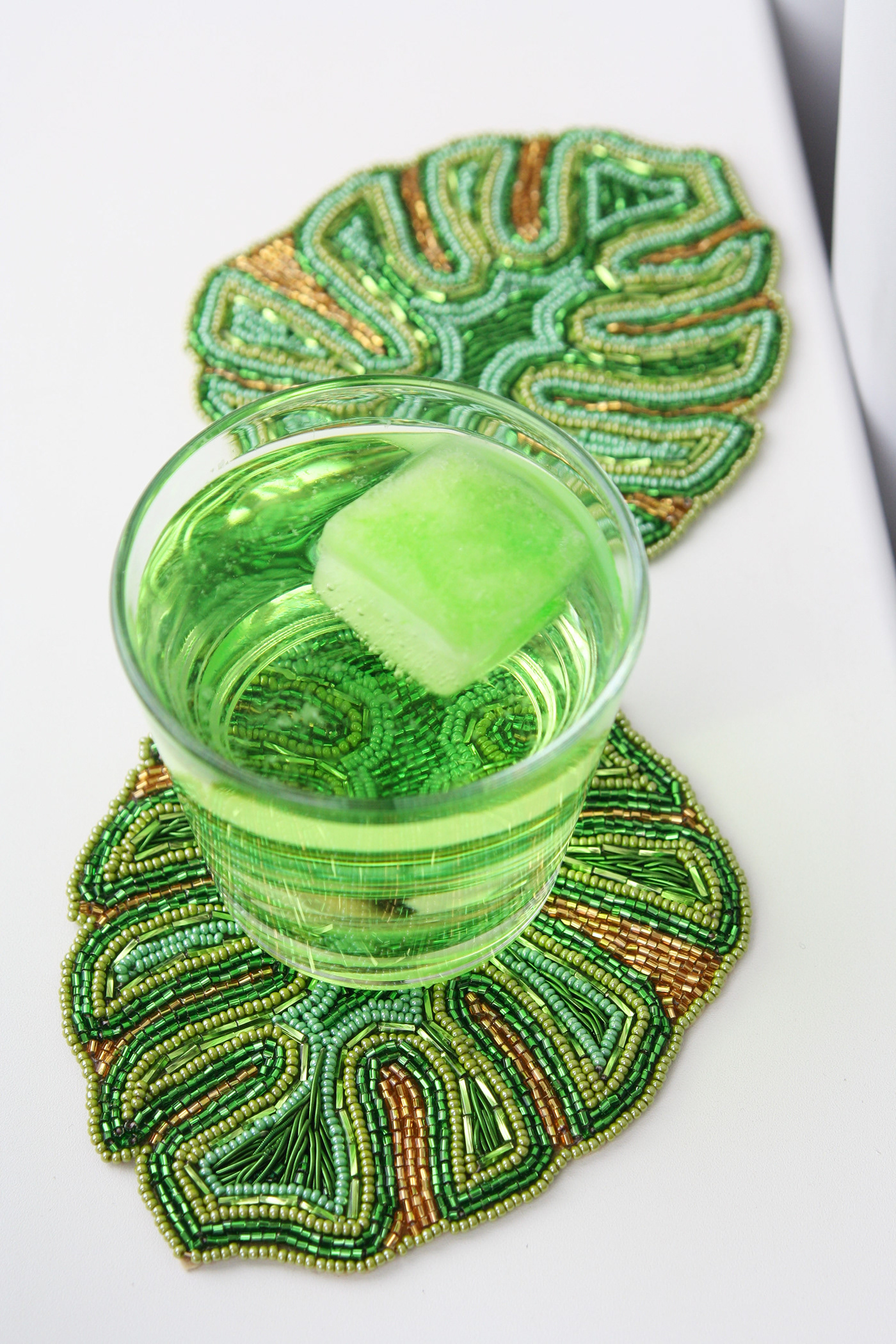 coaster handembroidery Embroidery beads design decor interior design  art green Coasters