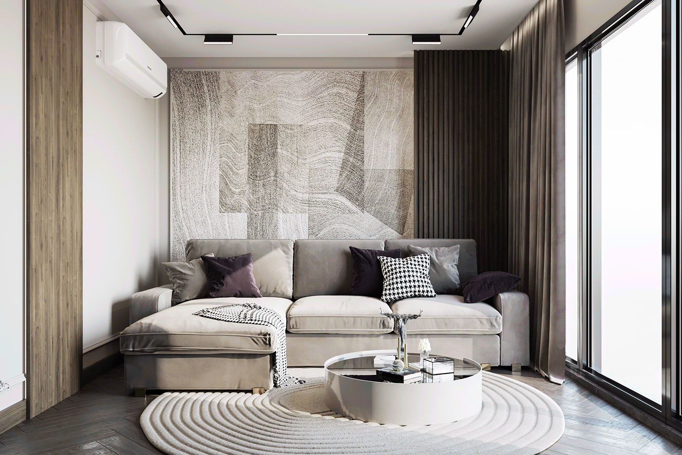 abstract apartment Apollo interior design  living living room loveseat plants tv wallpaper