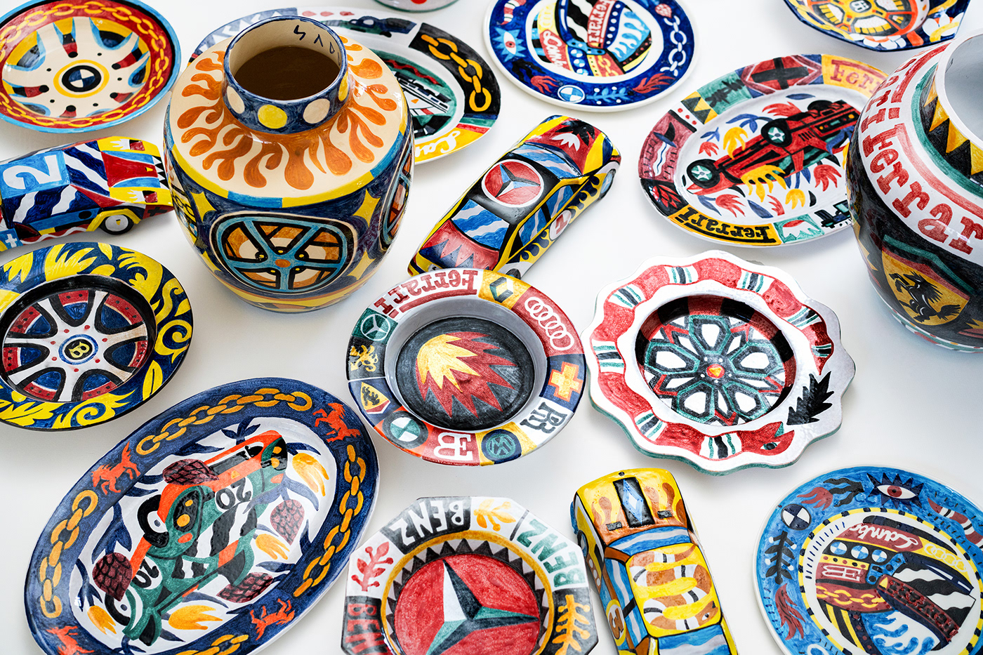 ceramics  Saddo lamborghini FERRARI fanboy MOBIUS GALLERY painted ceramics painted plates painted vases Sedimento