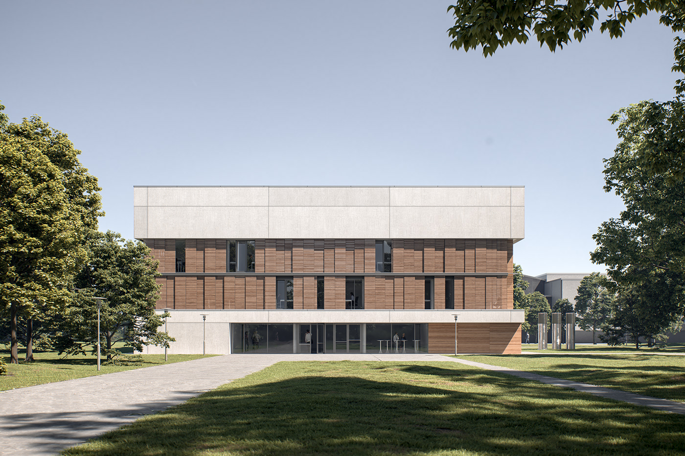architecture archviz CGI wood concrete campus visualisation visualization wooden facade