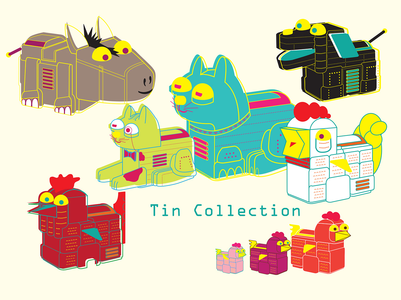 tin toys robots animals illustrative design graphic illustration Cat chicken cute Retro Playful prints favourite vector digital line art