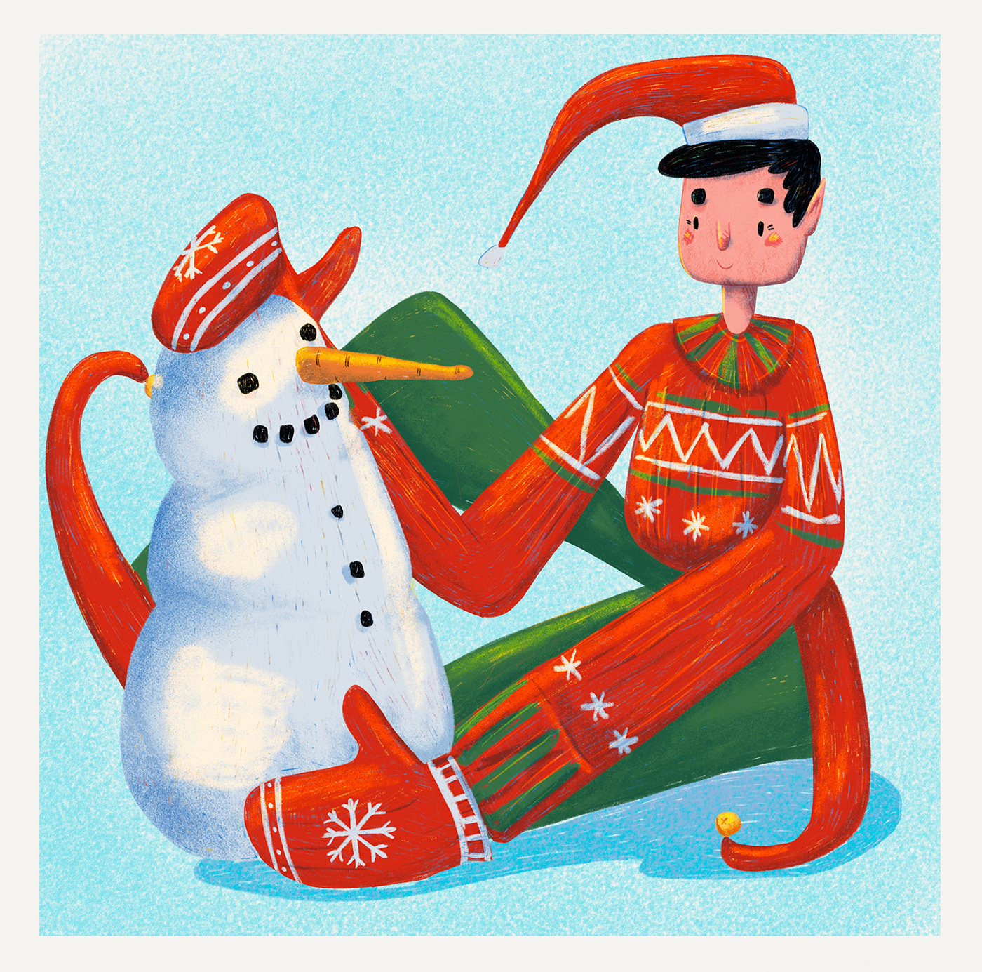 elf greeting card Christmas Holiday new year postcard design Social media post christmas Tree Pencil drawing