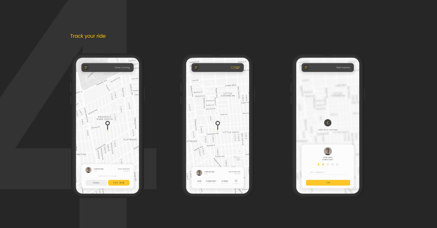 app Cab Booking dark design grey mobile taxi UI UI/UX yellow