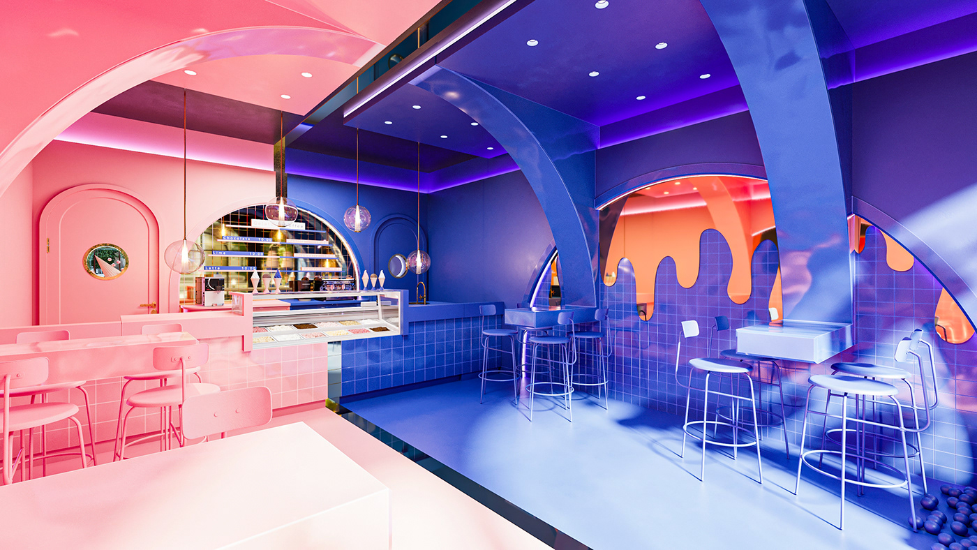 architecture cafe design Gelato ice cream Interior interior design  Render restaurant visualization