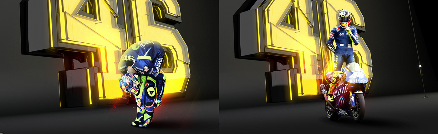 Photo of Valentino Rossi in front of a 3D number 46