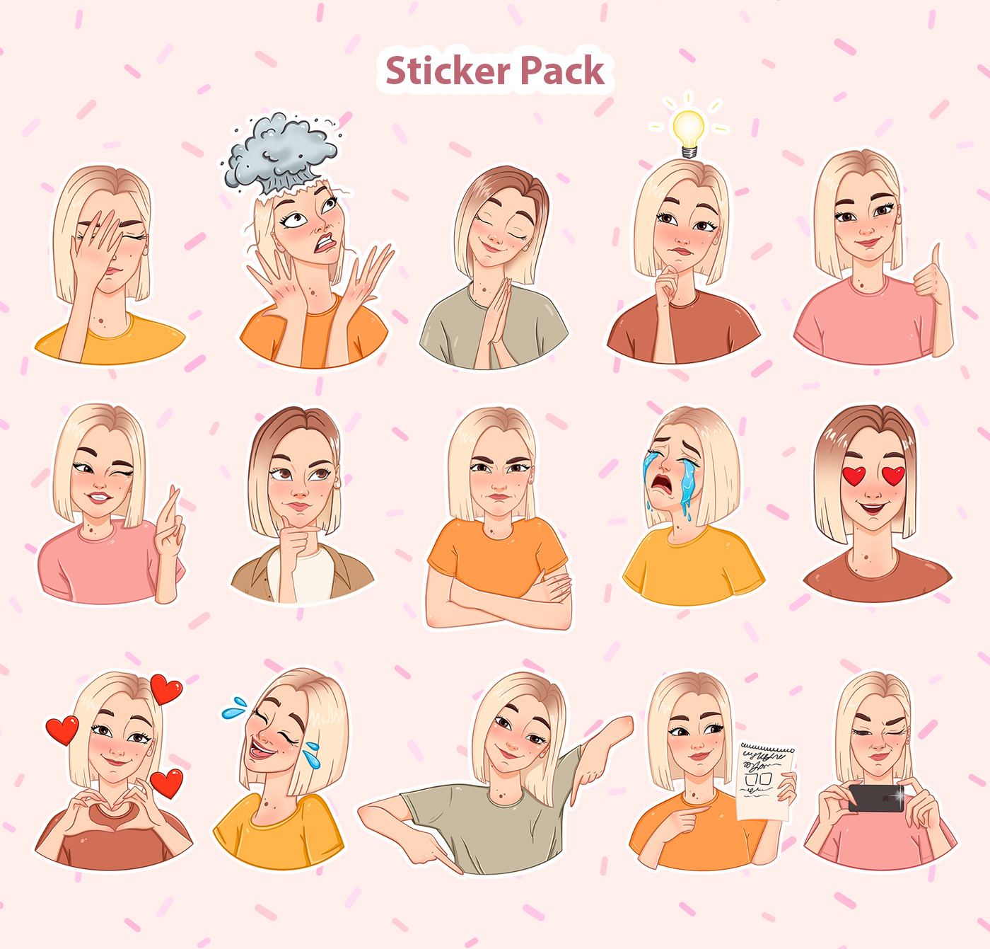 cartoon Character design  emogi emotions girl illustration girls portrait Srickers sticker pack Telegram